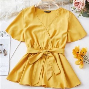 Solid Surplice Front Belted Peplum Blouse